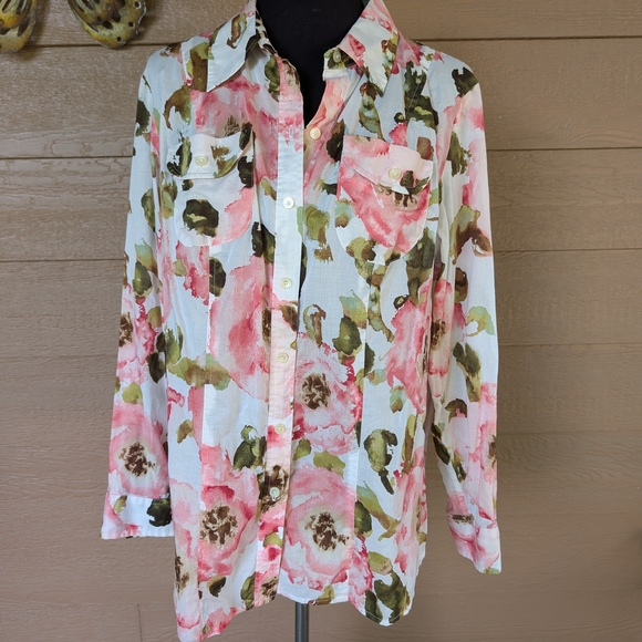 Jones New York Signature Woman Pink and Green Floral Blouse - Picture 1 of 4